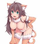  animal_ears aqua_eyes bent_over black_hair breasts cat_ears cat_paws cat_tail fang fur_trim hand_on_hip hasu_(hk_works) large_breasts long_hair looking_at_viewer monster_girl nipples open_mouth original paws smile solo tail very_long_hair 