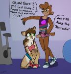  1980s 2018 anthro cat cervine clothed clothing dier_von_dan digital_media_(artwork) duo erection exercise feline female fur hair helia_peppercats_(wrinklynewt) humanoid_penis male male/female mammal penis penis_in_face presenting presenting_penis smile spinater standing sweat wardrobe_malfunction workout 