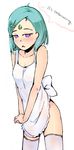  apron aqua_hair breasts drawfag embarrassed eureka eureka_seven eureka_seven_(series) hair_ornament hairclip highres purple_eyes short_hair solo source_request white_background 
