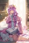  book bookshelf coat crescent hair_ribbon hat kishiyo long_hair long_sleeves looking_at_viewer md5_mismatch mob_cap open_clothes open_coat patchouli_knowledge purple_eyes purple_hair ribbon sitting solo touhou tress_ribbon very_long_hair wide_sleeves yokozuwari 