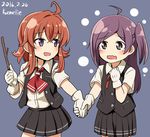  ahoge arashi_(kantai_collection) artist_name bangs black_skirt black_vest blouse blush commentary_request dated gloves hagikaze_(kantai_collection) holding_hands kamelie kantai_collection kerchief long_hair messy_hair multiple_girls neck_ribbon open_mouth pleated_skirt purple_hair red_hair red_ribbon ribbon school_uniform side_ponytail skirt stick tears vest white_blouse white_gloves younger 