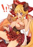  1girl 3.14 belt blonde_hair blush breast_grab breasts draph fang grabbing grabbing_from_behind granblue_fantasy hair_ornament hair_ribbon hairclip hallessena hat horns large_breasts long_hair looking_down low_twintails nipples open_mouth plaid plaid_skirt ribbon skirt solo_focus topless twintails very_long_hair 