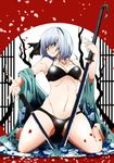  black_hairband bra floral_print full_body green_eyes hairband katana kneeling konpaku_youmu long_sleeves looking_at_viewer midriff navel off_shoulder open_clothes panties petals potato_pot short_hair silver_hair smile solo sword touhou underwear underwear_only weapon wide_sleeves 