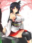  black_hair breasts cherry_blossoms detached_sleeves en_(paorasuteki) floral_print fusou_(kantai_collection) hair_ornament hand_on_own_chest headgear kantai_collection large_breasts legs_together long_hair looking_at_viewer looking_to_the_side miniskirt nontraditional_miko outdoors pleated_skirt red_eyes sitting sitting_on_rock skirt solo tree tree_branch white_background 
