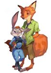  2016 anthro barefoot canine clothing digital_media_(artwork) disney duo female fox fur green_eyes grey_fur hand_on_head inner_ear_fluff judy_hopps lagomorph long_ears male mammal necktie nick_wilde one_eye_closed orange_fur police_uniform predator/prey purple_eyes rabbit size_difference smile uniform wink z.h.y zootopia 