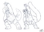  anthro barefoot bulge clothing dinosaur duo exercise eyewear frill front_view glasses horn line_art male mammal monochrome musclegut olinguito olly overweight parker_the_triceratops raised_arm scalie shirt signature sweat triceratops wolfblade wrestling_singlet 