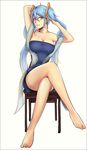  adjusting_hair barefoot blue_hair breasts cal_(pmgdd) chair cleavage crossed_legs dress full_body hair_ornament large_breasts league_of_legends long_hair short_dress simple_background sitting solo sona_buvelle twintails very_long_hair white_background yellow_eyes 