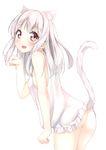  animal_ears ass bare_shoulders blush brown_eyes cat_ears cat_tail commentary_request dress kantoku_(style) karutamo long_hair looking_at_viewer no_panties open_mouth original paw_pose silver_hair smile solo tail tisshu_(karutamo) white_dress 