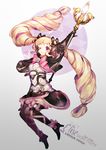 black_gloves blonde_hair boots bow character_name copyright_name dress elise_(fire_emblem_if) fire_emblem fire_emblem_if flower gloves hair_bow hand_on_own_cheek heart high_heel_boots high_heels multicolored_hair namie-kun one_eye_closed purple_eyes purple_hair rose smile solo staff streaked_hair thigh_boots thighhighs twintails zettai_ryouiki 