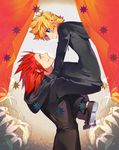  axel_(kingdom_hearts) black_coat_(kingdom_hearts) black_footwear black_gloves black_pants blonde_hair blue_eyes carrying coat eye_contact gloves hood hoodie kingdom_hearts looking_at_another male_focus messy_hair multiple_boys pants red_hair roxas shoes smile spiked_hair vocon 