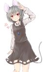  animal_ears arm_up blush dress grey_hair grin highres jewelry long_sleeves looking_at_viewer mouse_ears mouse_tail nazrin necklace netamaru red_eyes short_hair simple_background smile solo tail touhou white_background 