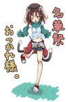  alternate_costume alternate_headwear animal_ears blush chen earrings hands_on_headwear highres jewelry leg_up looking_at_viewer multiple_tails one_eye_closed open_mouth osaname_riku scarf short_hair short_shorts shorts simple_background solo tail touhou 