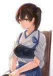  black_legwear blue_skirt brown_eyes brown_hair chair flower fukuroumori hair_flower hair_ornament japanese_clothes kaga_(kantai_collection) kantai_collection muneate side_ponytail sitting skirt solo thighhighs 