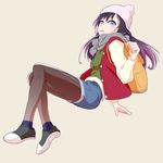  1girl :o backpack bag beanie black_hair blue_eyes from_side full_body hat highres jacket legwear_under_shorts long_hair looking_at_viewer original pantyhose pom_pom_(clothes) scarf shorts socks_over_pantyhose solo solvalou 