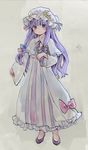  ama-tou capelet coat crescent dress hair_ribbon hat highres long_hair long_sleeves looking_at_viewer mob_cap open_clothes open_coat patchouli_knowledge purple_eyes purple_hair ribbon solo striped striped_dress touhou tress_ribbon very_long_hair wide_sleeves 