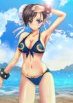  :o absurdres adapted_costume arm_up armpits bikini black_hair blush breasts brown_eyes bun_cover chun-li cleavage cloud day front-tie_top highres large_breasts lens_flare looking_at_viewer navel sawwei005 shiny shiny_skin short_hair sky solo standing street_fighter sun swimsuit 
