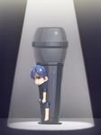  blue_hair brown_eyes chibi idolmaster idolmaster_(classic) kisaragi_chihaya looking_at_viewer microphone nanaran solo spotlight unamused 