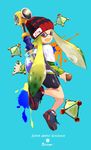  bad_id bad_pixiv_id beanie bike_shorts blue_background bomb camouflage copyright_name domino_mask double_vertical_stripe from_behind green_hair hat highres ink_tank_(splatoon) inkling jumping layered_clothing long_hair long_sleeves looking_at_viewer looking_back mario_(series) mask no_socks open_mouth paint_splatter pointy_ears red_eyes shoes short_over_long_sleeves short_sleeves smile solo splat_bomb_(splatoon) splatoon_(series) splatoon_1 super_mario_bros. super_mario_sunshine tentacle_hair touzai_(poppin_phl95) 