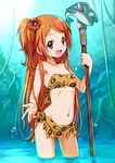  :d absurdres animal_print bandeau bare_shoulders blush brown_eyes brown_hair commentary_request fish flower hair_flower hair_ornament highres idolmaster idolmaster_million_live! leopard_print loincloth long_hair looking_at_viewer mercy_rabbit midriff navel one_side_up oogami_tamaki open_mouth polearm smile solo spear strapless wading water weapon wet 
