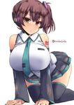  breasts brown_eyes brown_hair cosplay detached_sleeves hair_ornament hatsune_miku hatsune_miku_(cosplay) huge_breasts kaga_(kantai_collection) kantai_collection large_breasts looking_at_viewer necktie shinshin side_ponytail simple_background skirt solo vocaloid 