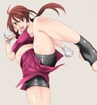  absurdres bandaged_hands bandages barefoot bike_shorts bike_shorts_under_shorts brown_hair commentary frown highres kickboxing kicking long_hair looking_at_viewer midriff nakajima_ryou open_mouth original plantar_flexion purple_eyes shorts solo sports_bra sportswear spread_legs standing standing_on_one_leg toeless_legwear wrist_wrap 