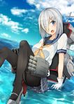  :o ;o black_legwear blue_eyes blue_sky blush breasts cloud day eyes_visible_through_hair gloves hair_ornament hair_over_one_eye hairclip hamakaze_(kantai_collection) highres hiraba_6018 kantai_collection large_breasts looking_at_viewer machinery neckerchief one_eye_closed pantyhose pleated_skirt school_uniform serafuku shirt shoes short_hair short_sleeves silver_hair sitting skirt sky solo torpedo water wet wet_clothes wet_hair wet_shirt white_gloves yellow_neckwear 