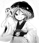  bowl greyscale grin hand_on_hip harusame_(unmei_no_ikasumi) japanese_clothes kimono looking_at_viewer miracle_mallet monochrome obi one_eye_closed sash smile solo sukuna_shinmyoumaru touhou upper_body wide_sleeves 