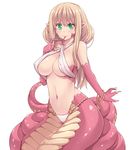  bangle bangs blonde_hair bra bracelet breasts claws cleavage green_eyes hasu_(hk_works) jewelry lamia large_breasts long_hair long_tongue looking_at_viewer monster_girl navel original panties pointy_ears simple_background solo tongue tongue_out underwear white_background white_bra white_panties 