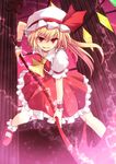  ascot blonde_hair bow cross_(crossryou) dress fang flandre_scarlet hat hat_bow laevatein looking_at_viewer md5_mismatch mob_cap pillar puffy_short_sleeves puffy_sleeves red_dress red_eyes shirt short_sleeves side_ponytail smirk solo touhou wrist_cuffs 