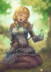  :d ^_^ armor armored_dress bangs belt blonde_hair blurry blush bodysuit bokeh breasts closed_eyes clover depth_of_field dress fencer_(sekaiju) four-leaf_clover frills gauntlets gem gloves greaves hair_ornament hair_over_shoulder highres holding large_breasts light_particles lipstick long_hair low_twintails makeup no_shoes on_ground open_mouth rebe11 sekaiju_no_meikyuu sekaiju_no_meikyuu_5 signature sitting smile solo tree twintails wariza 