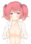  absurdres blush bow breasts collarbone go-1 hair_bow hasegawa_urumi highres kaitori_oukoku looking_at_viewer mascot medium_breasts open_clothes open_shirt pink_eyes pink_hair shirt short_hair solo two_side_up white_background 