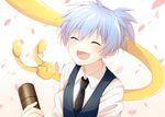  ansatsu_kyoushitsu blue_hair happy koro-sensei necktie open_mouth petals school_uniform shiota_nagisa short_hair short_twintails smile soranagi tears tentacles twintails vest 