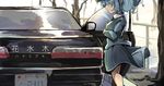 blue_hair blue_jacket blue_skirt breasts car commentary_request day flanvia from_side ground_vehicle hair_over_eyes hat highres jacket kawashiro_nitori legs license_plate long_sleeves medium_breasts motor_vehicle open_door outdoors park short_hair sidewalk skirt smile solo sunlight touhou tree two_side_up 