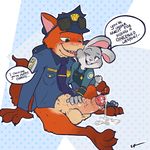  2016 anthro balls bottomless buckteeth claws clothed clothing dialogue disney duo eyewear female green_eyes hand_on_penis humor interspecies judy_hopps kaisertaylorproducts kneeling licking male nick_wilde one_eye_closed pattern_background penis police_uniform precum predator/prey pun purple_eyes sex simple_background sitting smile spread_legs spreading sunglasses teeth toe_claws toe_curl tongue tongue_out uniform vein veiny_penis zootopia 