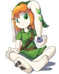  2016 3_toes alpha_channel anthro barefoot belt black_nose canine clothed clothing cream_fur crossover dog female freedom_planet fur goshaag green_eyes hair hi_res link mammal milla_basset nintendo orange_hair simple_background sitting smile solo the_legend_of_zelda toes transparent_background video_games 