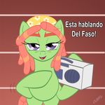  2015 abstract_background earth_pony equine female feral friendship_is_magic fur green_fur hair headscarf hi_res horse looking_at_viewer mammal miniferu multicolored_hair my_little_pony pony purple_eyes radio smile solo spanish_text text translation_request tree_hugger_(mlp) two_tone_hair 