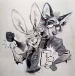  anthro black_and_white black_nose buckteeth canine cellphone claws clothing disney duo eyewear female fist_bump fox fuzzy grin inner_ear_fluff iphone jeniak judy_hopps lagomorph long_ears male mammal monochrome necktie nick_wilde phone police_badge police_uniform pose rabbit selfie shirt simple_background smile sunglasses teeth uniform whiskers white_background zootopia 