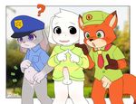  asriel_dreemurr balls blush bottomless clothed clothing clothing_lift crossover cub darkmagic disney erection female flaccid fur green_eyes grey_fur group judy_hopps male nick_wilde orange_fur partially_retracted_foreskin penis purple_eyes pussy shirt shirt_lift standing uncut undertale video_games white_fur young zootopia 