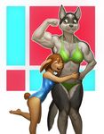  anthro bra breasts canine clothing duo eyes_closed female hi_res lagomorph leotard mammal monds muscular muscular_female navel open_mouth rabbit simple_background smile teeth tongue underwear 