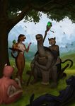  2015 anthro black_fur breasts brown_fur butt canine cat clothing dog eyes_closed feline female food fruit fur group hi_res loincloth lying male mammal monds mountain navel nipples nude on_side open_mouth outside panther pussy rear_view reclining reptile scalie side_boob side_view sitting smile staff standing tortoise tree turtle 