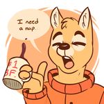  2016 anthro beverage biskyt canine clothed clothing coffee cup dialogue digital_media_(artwork) english_text eyes_closed food j&auml;skyt komponi male mammal simple_background sleepy solo text 