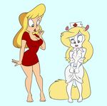  + 2015 animaniacs annoyed anthro barefoot black_eyes blonde_hair breasts cleavage clothed clothing cosplay digital_media_(artwork) dress duo eyebrows eyelashes female fluffy_tail fur grey_nose hair hello_nurse human lonbluewolf looking_down mammal minerva_mink mink monochrome mustelid nurse nurse_uniform simple_background size_difference uniform warner_brothers white_background white_fur white_sclera 