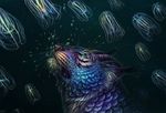  black_stripes blue_scales cyan_eyes feline fur horn hybrid jellyfish mammal maquenda marine scales solo stripes tiger underwater water 