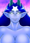  2015 abstract_background baphomet blue_hair blue_sclera blue_skin breasts censored cleavage clothed clothing curtsibling detailed_background digital_media_(artwork) eyebrows eyelashes female god_vs_god hair half-closed_eyes hi_res horn humanoid looking_at_viewer nude solo star watermark white_eyes 