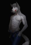  2015 abs anthro athletic belt black_background black_nose canine clothed clothing dog fur grey_fur grey_hair hair half-closed_eyes hi_res jeans licking licking_lips male mammal monds multicolored_fur muscular navel nipples pants pecs simple_background smile solo standing teeth tongue tongue_out topless two_tone_fur undressing unzipped 