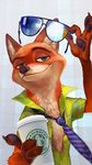  2016 anthro canine claws clothed clothing coffee_cup digital_media_(artwork) disney eyewear fox hiromatsu inner_ear_fluff looking_at_viewer male mammal necktie nick_wilde open_shirt pattern_background pawpads simple_background smile solo sunglasses zootopia 