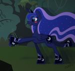 2014 blue_eyes blue_feathers blue_fur blue_hair blush crown cutie_mark equine feathers female feral friendship_is_magic fur grass hair hi_res horn mammal miniferu my_little_pony nature open_mouth outside plant princess_luna_(mlp) rock rollerskates smile solo tree winged_unicorn wings 