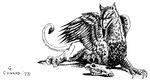  1978 ambiguous_gender avian beak black_and_white claws feral glorantha gryphon guy_conrad lying monochrome official_art simple_background skull solo talons teeth white_background wings 
