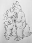  barefoot baseball_cap canine clothed clothing clothing_grab disney duo fox gideon_grey greyscale half-closed_eyes hat hi_res interspecies kissing lagomorph male male/male mammal monochrome overalls pencil_(artwork) predator/prey rabbit scott_fabianek simple_background size_difference sketch standing stu_hopps surprise topless traditional_media_(artwork) zootopia 