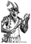  1980 anthro armor beard belt black_and_white black_eyes broo caprine facial_hair fur furgonomics furry-specific_piercing glorantha goat hi_res horn horn_piercing jennell_jaquays leather leather_armor male mammal monochrome official_art piercing simple_background solo staff white_background 